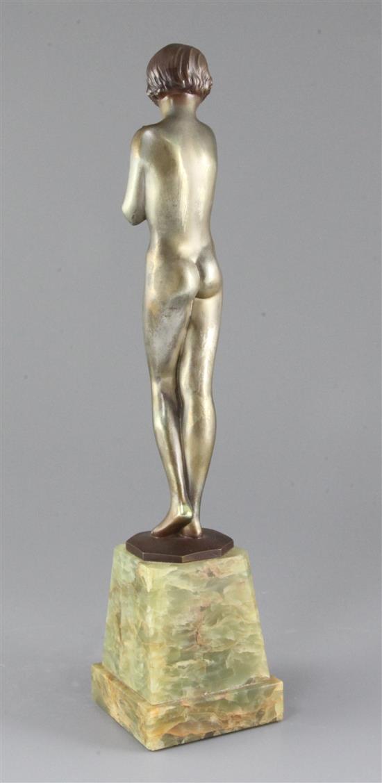 A Lorenzl Art Deco silvered bronze figure of a standing nude girl, 14.25in.